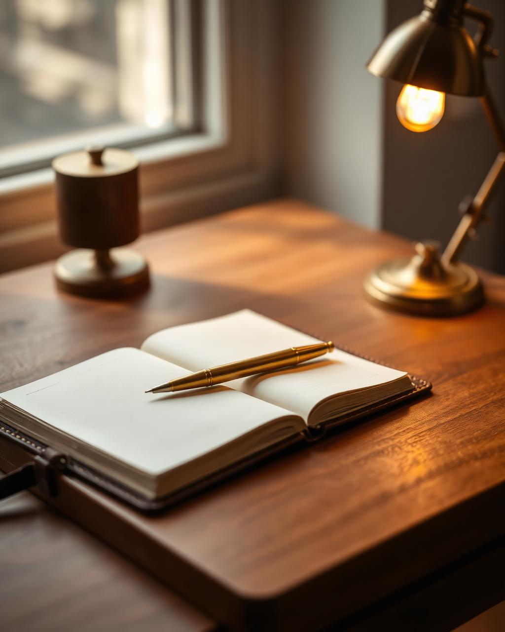 Open leather notebook and pen on a warm walnut desk